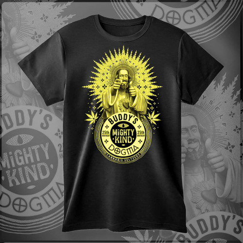 This Mighty Kind Dogma T-Shirt is premium Bella Canvas brand, and it contains a Buddy Christ logo from the Kevin Smith collaboration. The t-shirt contains the Mighty Kind logo along with cannabis leaves.