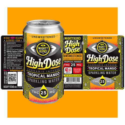 Mighty Kind 25mg High Dose Tropical Mango seltzer is an unsweetened cannabis seltzer infused with 25mg of THC per can!