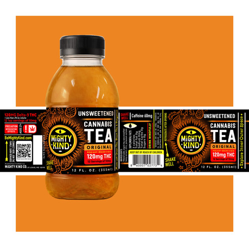Mighty Kind unsweetened cannabis tea is 12 oz (ounces) and contains 120mg of THC in a blend of black, green, and bergamot tea!