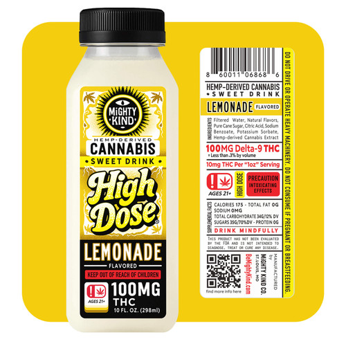 This High Dose THC Lemonade from Mighty Kind is from our High Dose Sweet Drink Line. The bottle is 10 ounces and contains 100mg of hemp derived sweetened non-carbonated lemonade!