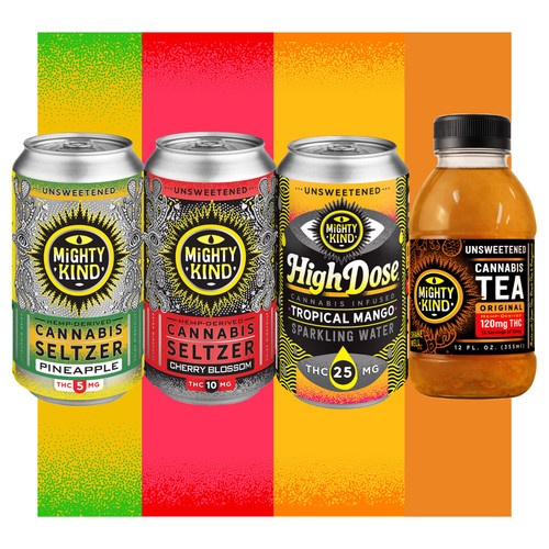 The Mighty Kind Intro Pack #3 contains one 5mg THC unsweetened cannabis seltzer, 1 10mg Cherry Blossom THC unsweetened cannabis seltzer, one 25mg High Dose Tropical Mango Unsweetened cannabis seltzer, and one bottle of 120mg unsweetened cannabis tea!