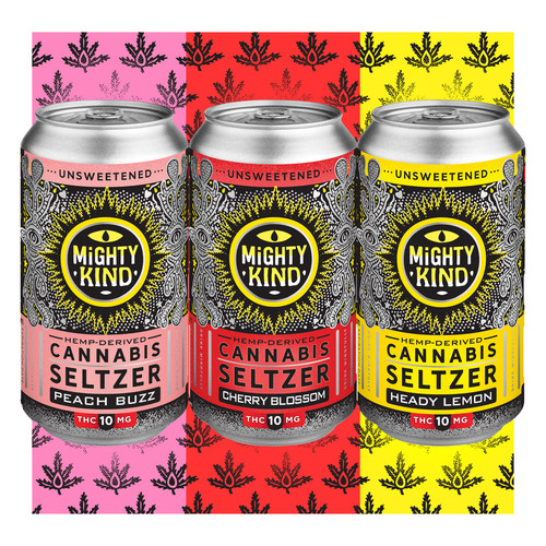 Mighty Kind 10mg Mix Pack contains three flavors of unsweetened hemp derived cannabis seltzer including Peach Buzz 10mg THC, Cherry Blossom 10mg THC, and Heady lemon 10mg THC!