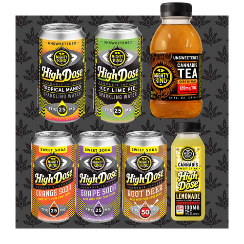 High Dose Sampler Mix contains High Dose 25mg Tropical Mango Seltzer, High Dose 25mg Key Lime Seltzer, Mighty Kind 120mg Cannabis Tea, High Dose 25mg Orange Soda, High Dose 25mg Grape Soda, High Dose 25mg Root Beer Soda, High Dose Lemonade 100mg Sweet Drink!