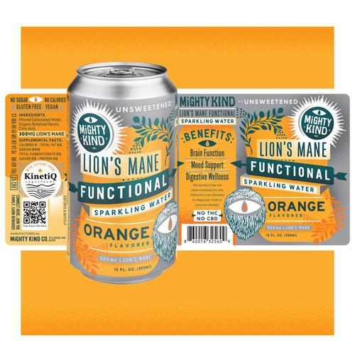Mighty Kind Lion's Mane Infused Orange Sparkling Water is infused with 300mg of Lion's Mane Mushroom!