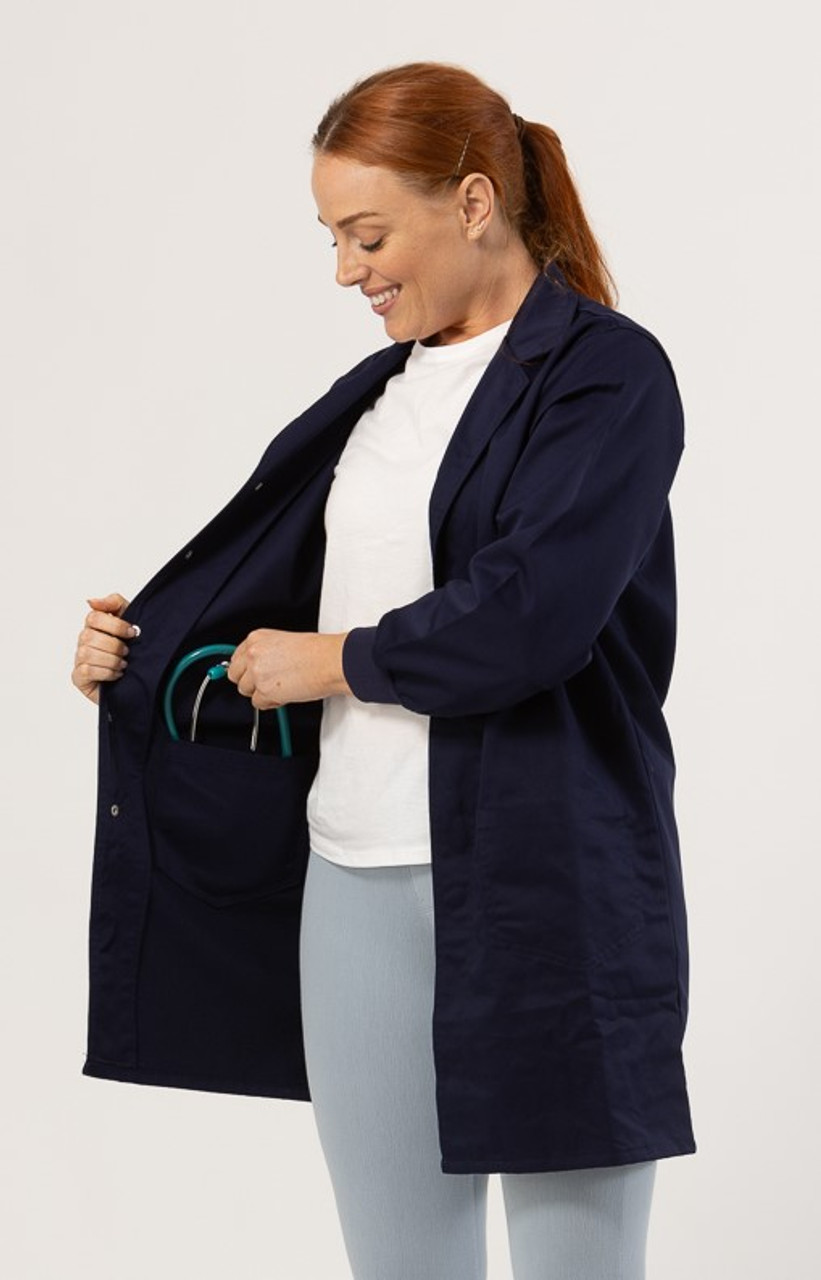 Knit Cuff Lab Coat Navy - Concealed Pockets - Lab Coat Co