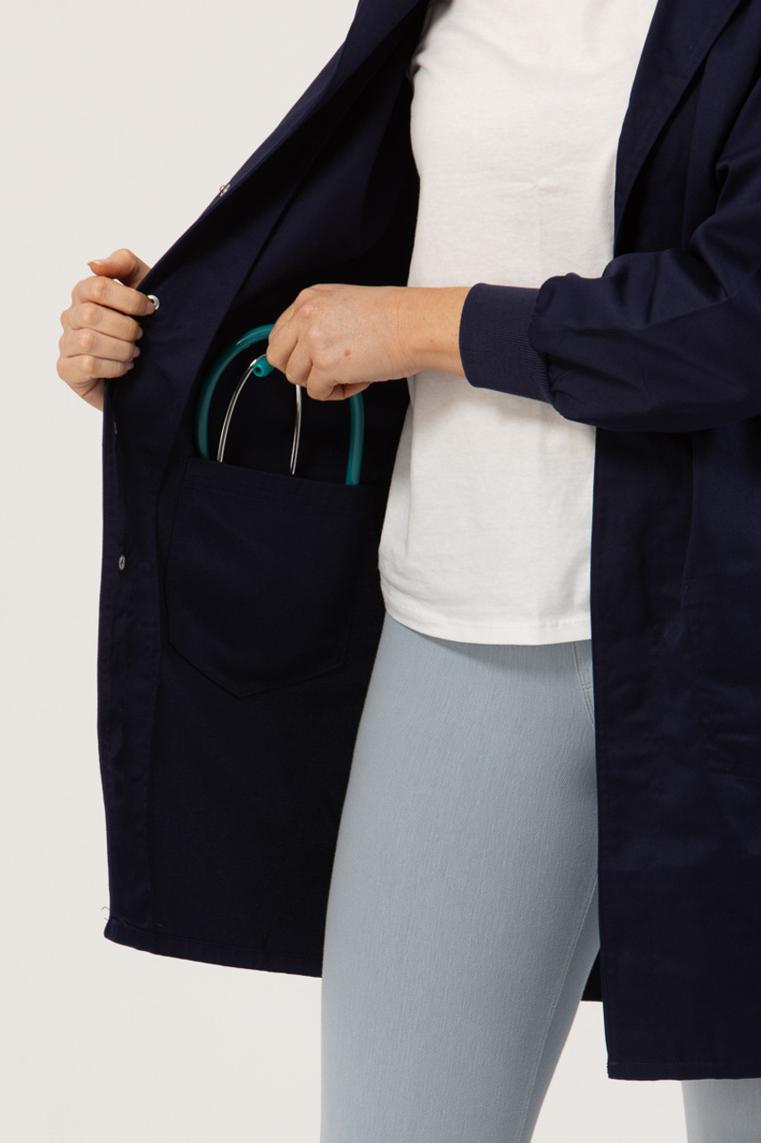 Knit Cuff Lab Coat Navy - Concealed Pockets - Lab Coat Co