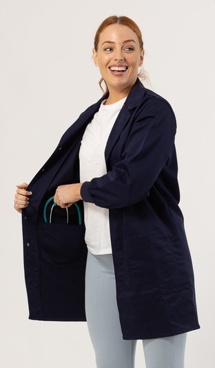 Knit Cuff Lab Coat  Navy - Inner Pockets - Pharmacy Coat