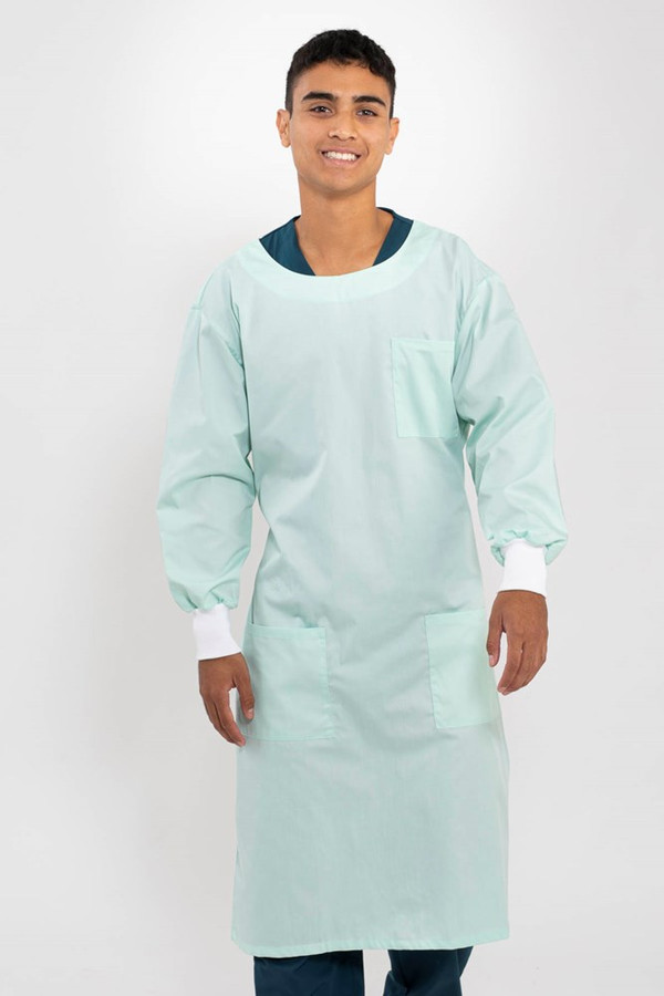 Essential Knit Cuff Lab Gown Sea Foam Green  - White Cuffs