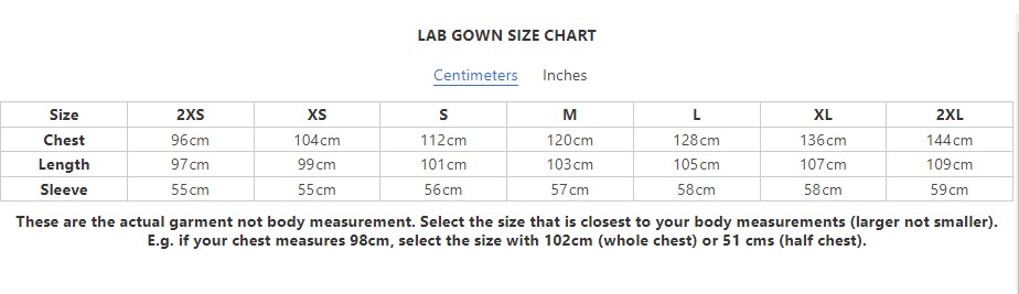 Size Chart - Lab Gowns