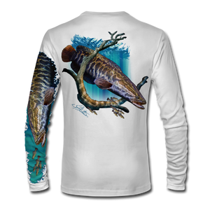 Back View
This shirt is truly awesome, featuring Jason Mathias's freshwater scene featuring a Snakehead chasing minnows in a freshwater environment. This fine art design sublimated onto our superior technology that definitely makes for a top favorite among all anglers and outdoor enthusiast world wide! 
