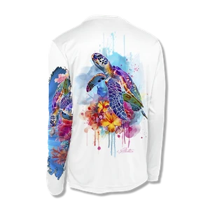 This vibrant design, featuring Jason Mathias's Turtle Reef, is elegantly designed to enhance the figure is sure to catch the eye and the fish. The beautiful underwater stylized turtle art design is sublimated onto our superior technology that definitely makes for a top favorite among woman anglers world wide! 
