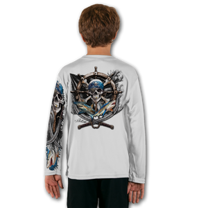 Back View
Set sail on big adventures with the Predators Plunder youth performance shirt! Designed with the same fierce artwork as the adult version, this shirt brings the ocean’s most legendary predators to life—featuring a bold tiger shark, hammerhead shark, pirate skull, and battle-worn flag. Perfect for young anglers and explorers who love the thrill of the sea.Made with lightweight, breathable fabric, this youth shirt keeps kids cool, dry, and comfortable whether they’re out fishing, at the beach, or just enjoying the outdoors. Built-in UPF sun protection helps guard against harmful rays, while the durable, moisture-wicking material stands up to all-day play.
 Back View
Set sail on big adventures with the Predators Plunder youth performance shirt! Designed with the same fierce artwork as the adult version, this shirt brings the ocean’s most legendary predators to life—featuring a bold tiger shark, hammerhead shark, pirate skull, and battle-worn flag. Perfect for young anglers and explorers who love the thrill of the sea.Made with lightweight, breathable fabric, this youth shirt keeps kids cool, dry, and comfortable whether they’re out fishing, at the beach, or just enjoying the outdoors. Built-in UPF sun protection helps guard against harmful rays, while the durable, moisture-wicking material stands up to all-day play.