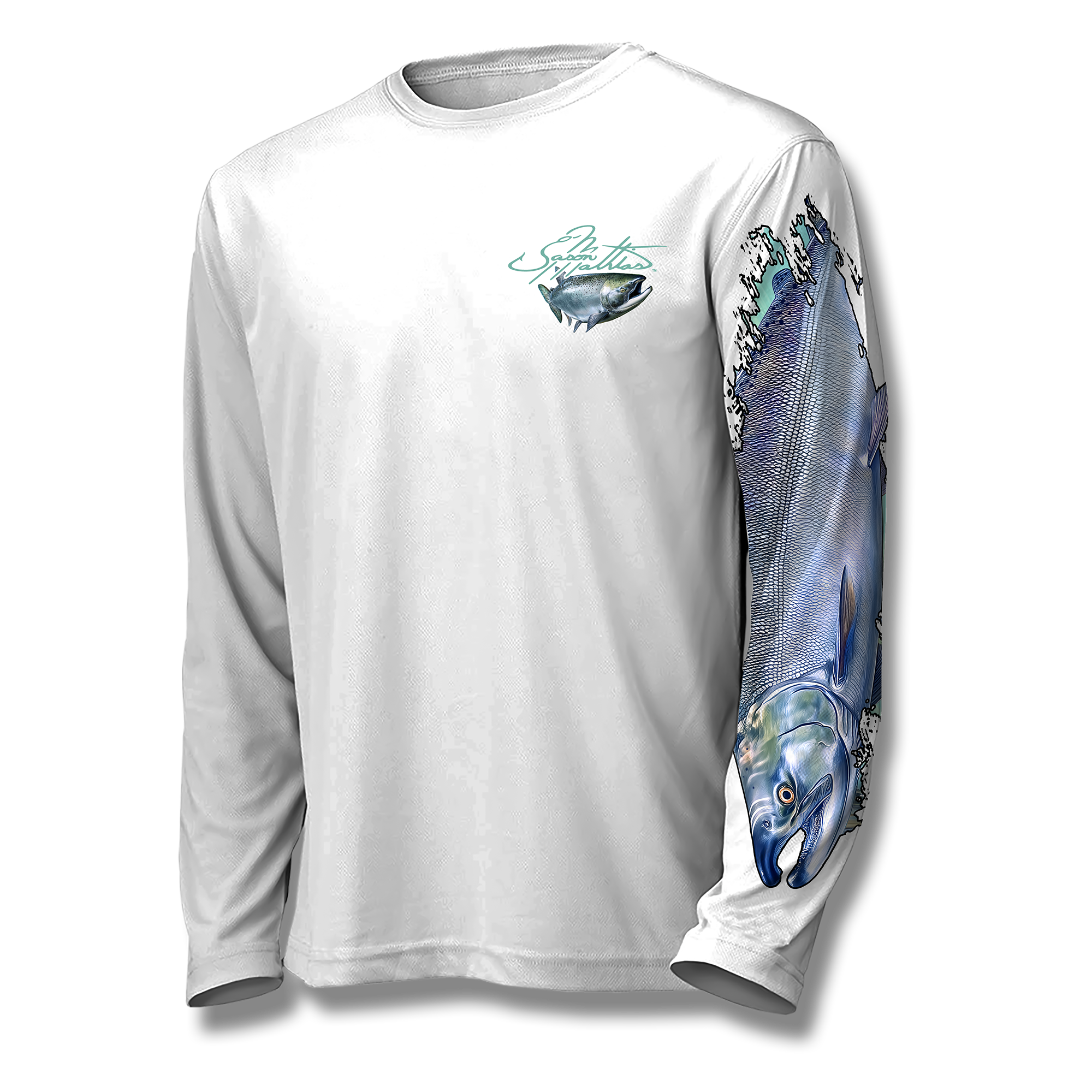 coho-salmon-performance-fishing-shirt-upf50-silver-salmon-moisture-wicking-front-white-jason-mathias-art.png