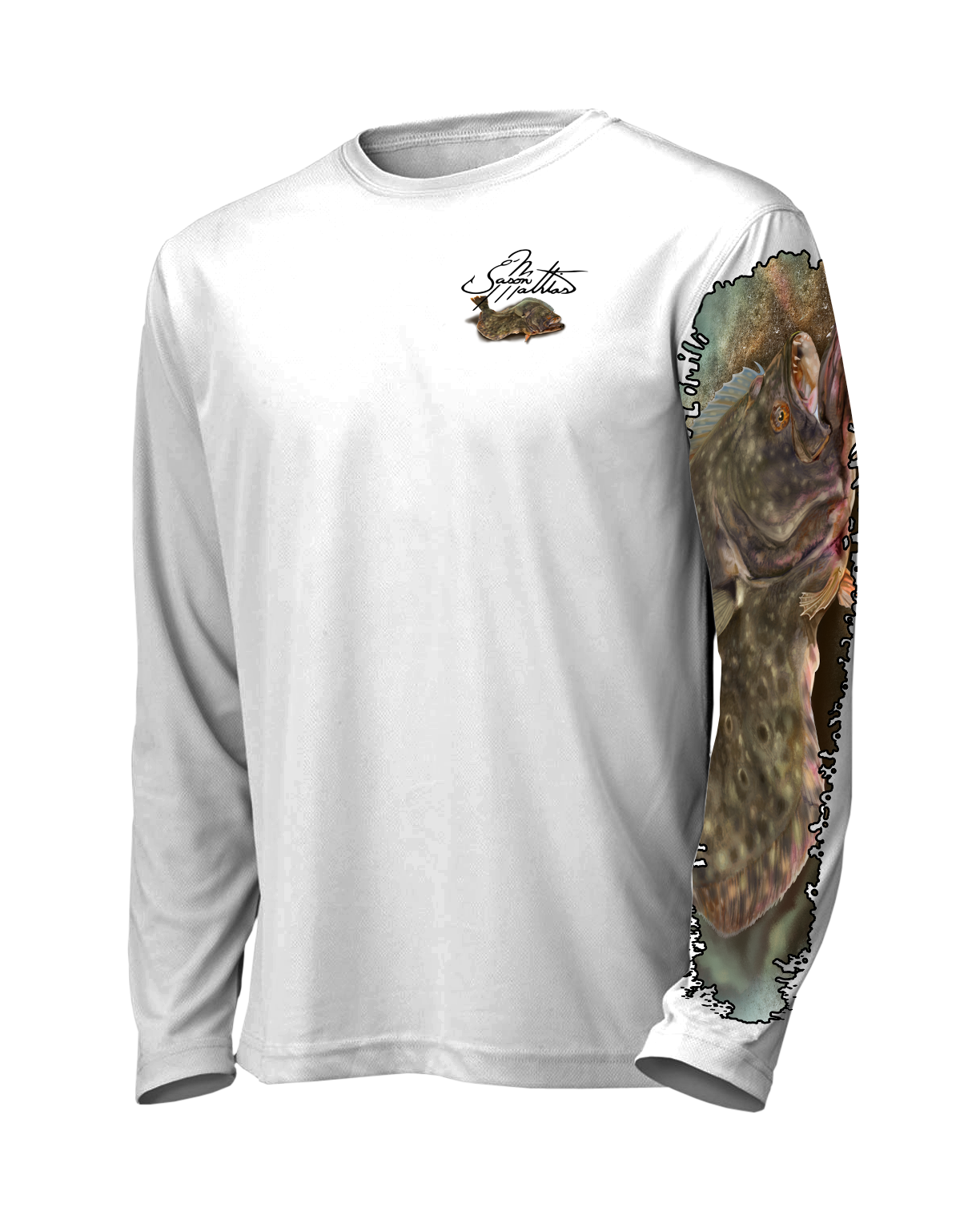 jason-mathias-shirt-line-front-white-flounder-fluke-fishing-apparel-gear-outdoor-solar-sun-high-performance-inshore-gamefish-art-sportfish-art-designs.png