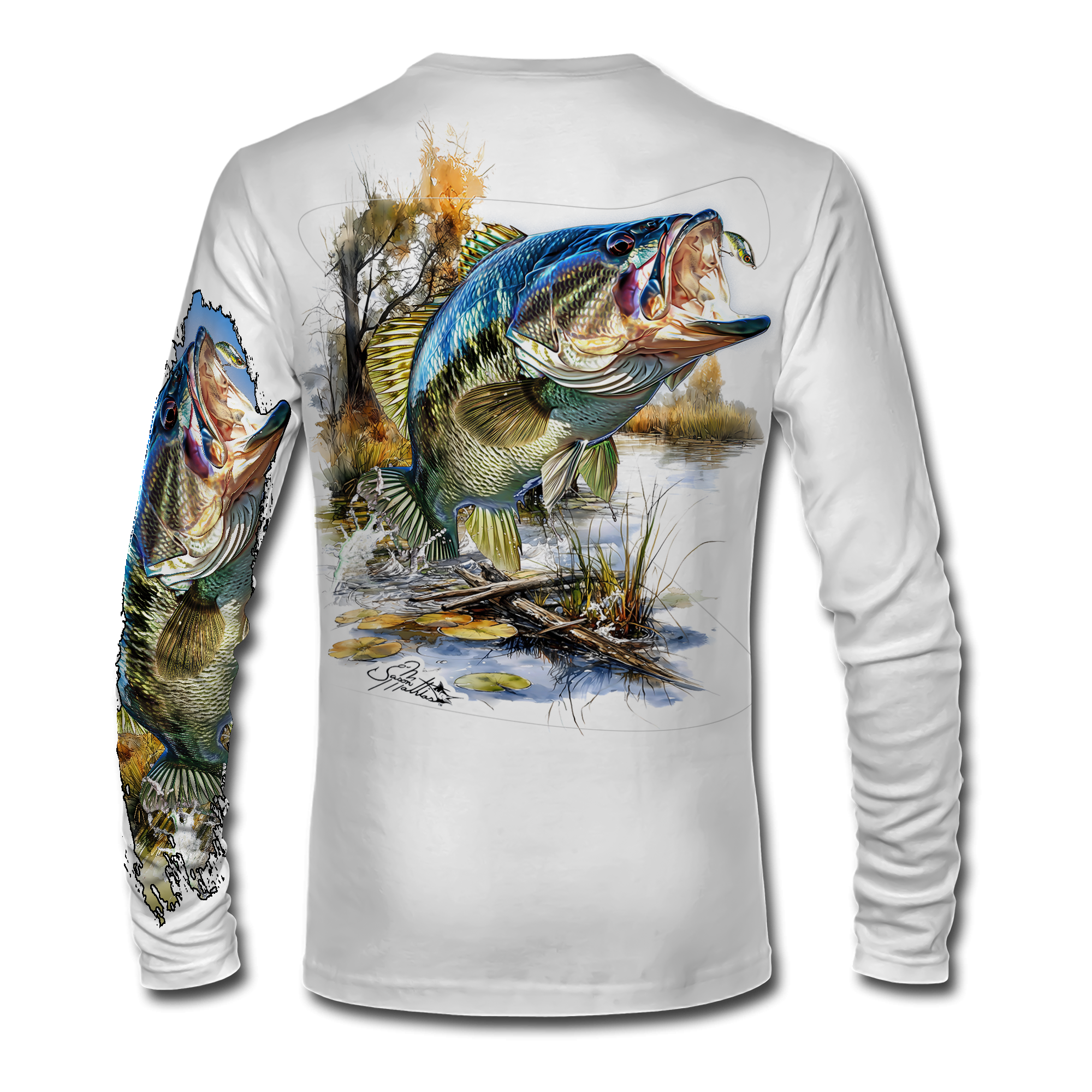 largemouth-bass-performance-moisture-wicking-upf50-fishing-shirt-jason-mathias-art-white-back.png