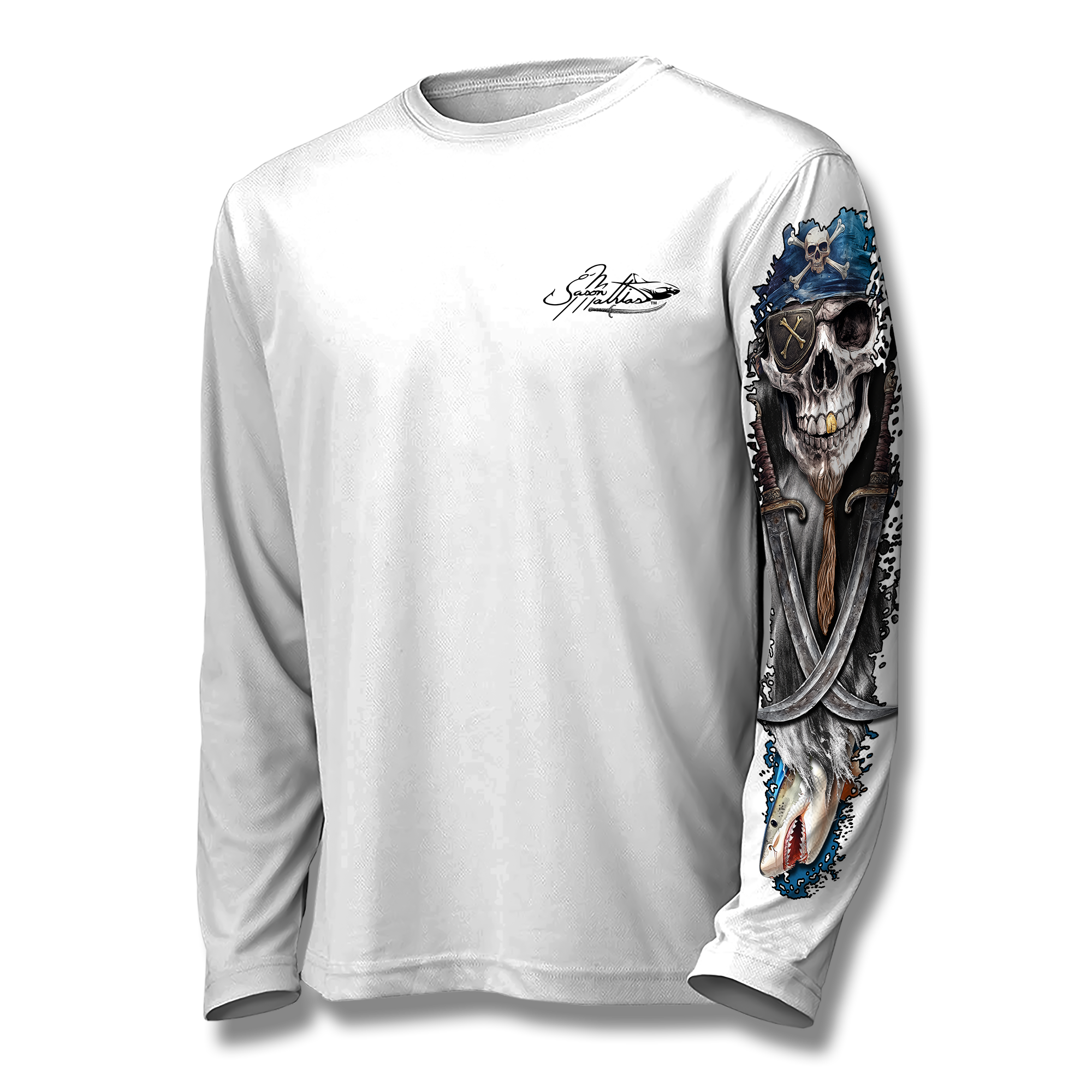 tiger-shark-hammerhead-pirate-flag-performance-shirt-white-front.png