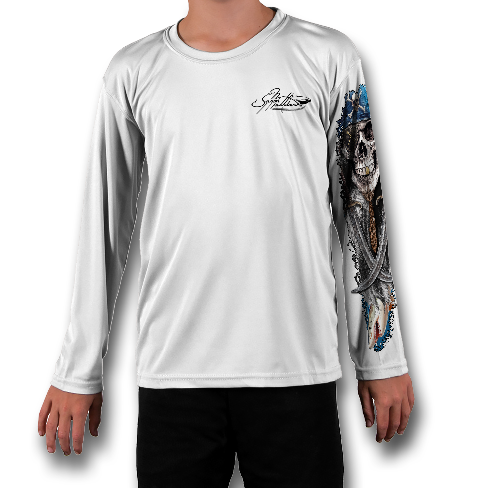 tiger-shark-hammerhead-pirate-flag-performance-shirt-youth-white-front.png