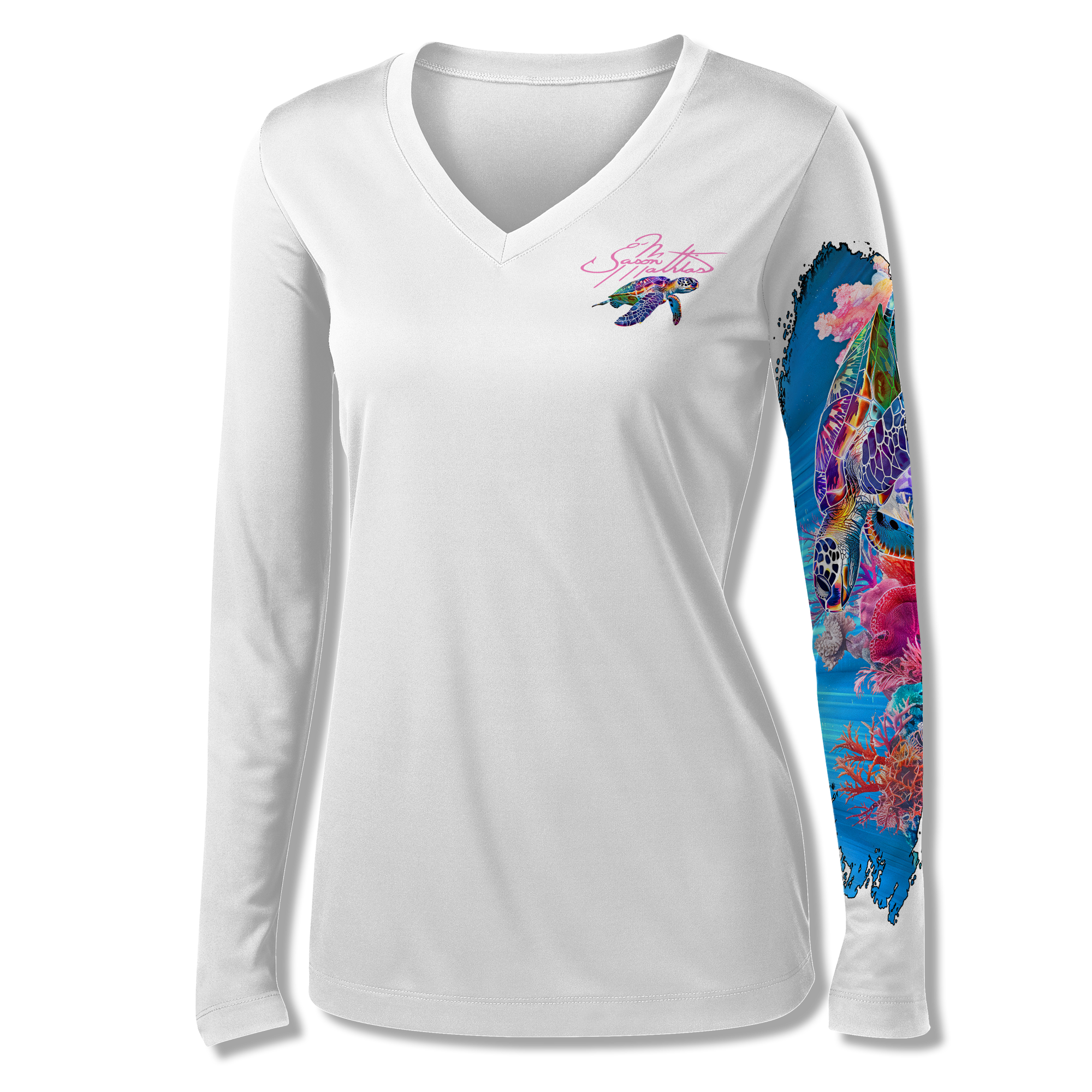 women-apparel-shirts-beachwear-tropical-boating-resortwear-vacation-vneck-high-performance-upf-sunprotective-clothing-seaturtle-sealife-underwater-floral-hibiscus-plumeria-turtle-flowers-jason-mathias-front-white.png
