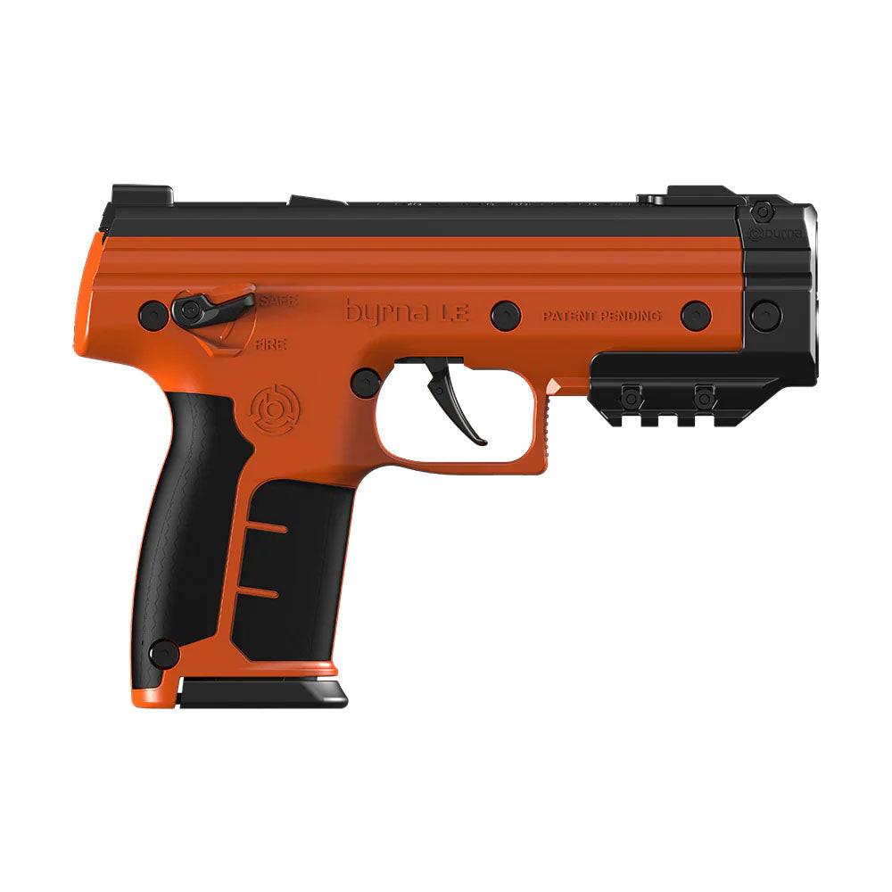 Byrna LE compact less-lethal launcher — black or orange ergonomic frame on white background