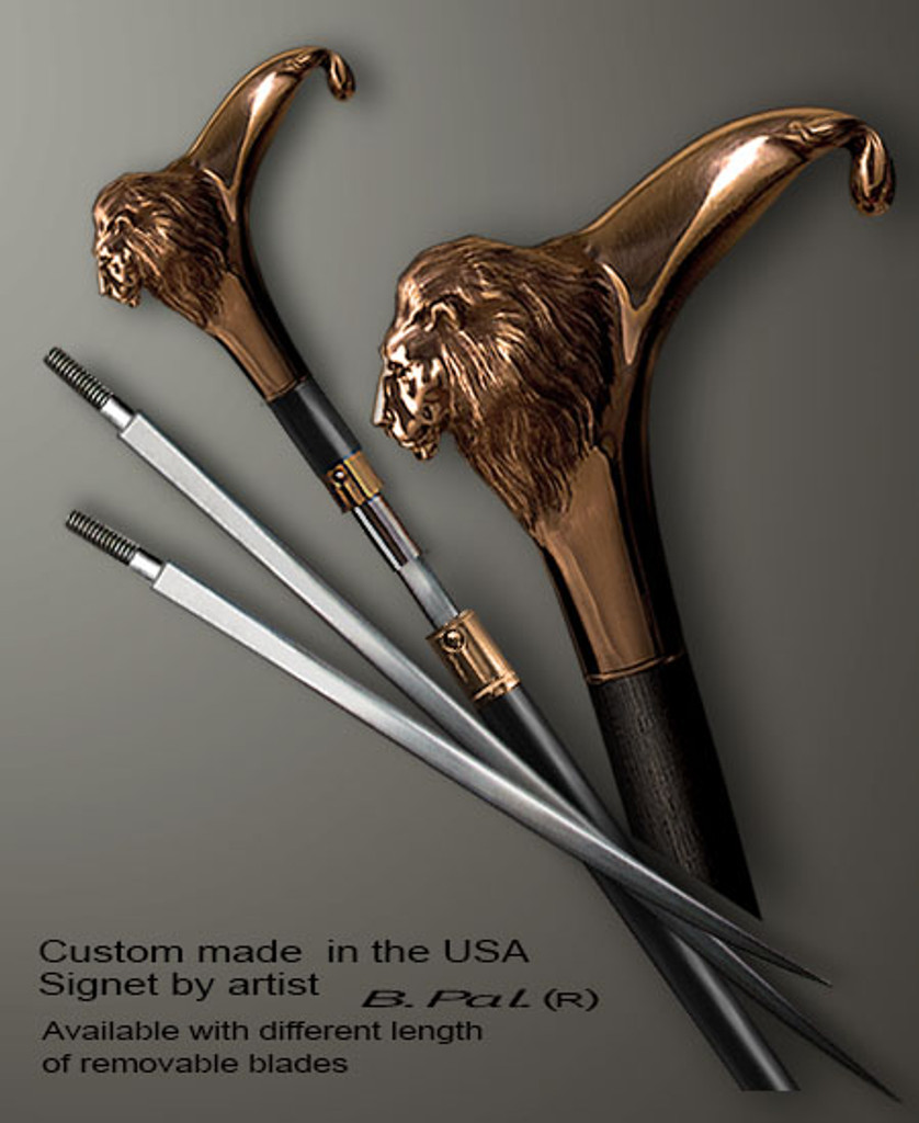 Bronze custom made walking stick Lion in sword cane version. Some regional laws prohibit the use of sword canes. That is why these sword canes are designed with removable blades. This way you can keep it as a sword cane in your collection or use it as a regular support walking cane. 