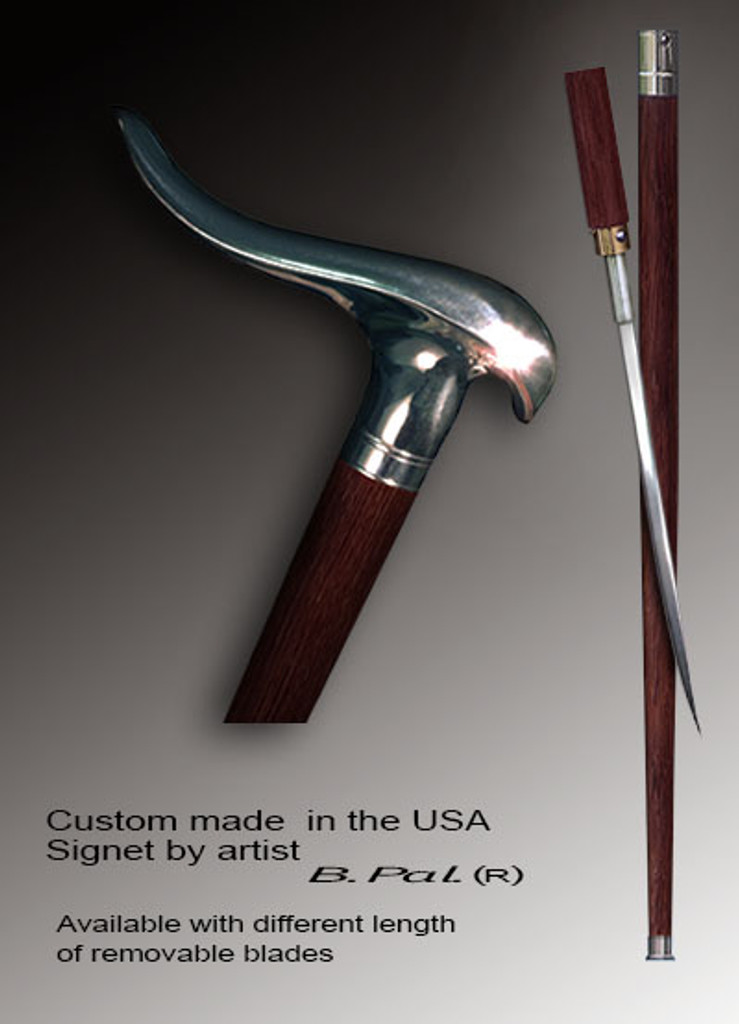 Walking cane Snail is created and produced in the USA. Exclusive walking sticks handle is cast from bronze and mounted on the rosewood shaft.  Somebody using a walking stick might want not only physical support, but also some level of collectible or self-defense value. That is why a support walking canes can be done as a sword cane. In this case high quality knife will be built into the shaft as shown on the picture. 