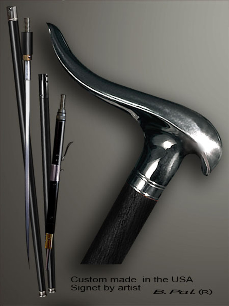 Handmade walking cane Snail is created and produced in the USA. Somebody using a walking stick might want not only physical support, but also some level of collectible or self-defense value. That is why a support walking canes can be done as a sword cane or cane gun. In this case high quality knife or air gun shooting mechanism will be built into the shaft as shown on the picture. Handmade walking sticks handle is cast from sterling silver or bronze and mounted on the ebony or rosewood shaft. Custom version can be finished with 24K Gold trim and natural gems.