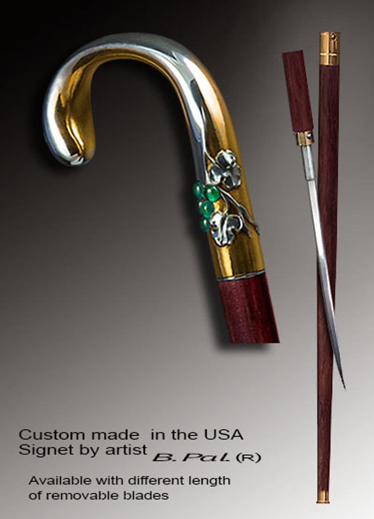 High end walking cane Grapes is created and produced in the USA. Somebody using a walking stick might want not only physical support, but also some level of collectible or self-defense value. That is why a support walking canes can be done as a sword cane. In this case high quality knife will be built into the shaft as shown on the picture. Handmade walking sticks handle is cast from sterling silver mounted on rosewood shaft. Custom made version can be finished with 24K Gold trim. 