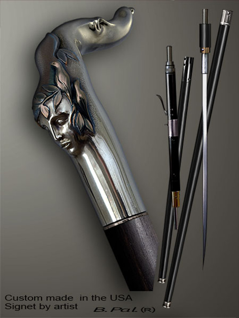 Functional and decorative walking cane Echo is created and produced in the USA. Artistic walking sticks handle is cast from sterling silver and mounted on the ebony or rosewood shaft. Custom version can be finished with 24K Gold trim. Somebody using a walking stick might want not only physical support, but also some level of collectible or self-defense value. That is why a support walking canes can be done as a sword cane or cane gun. In this case high quality knife or air gun shooting mechanism will be built into the shaft as shown on the picture. 