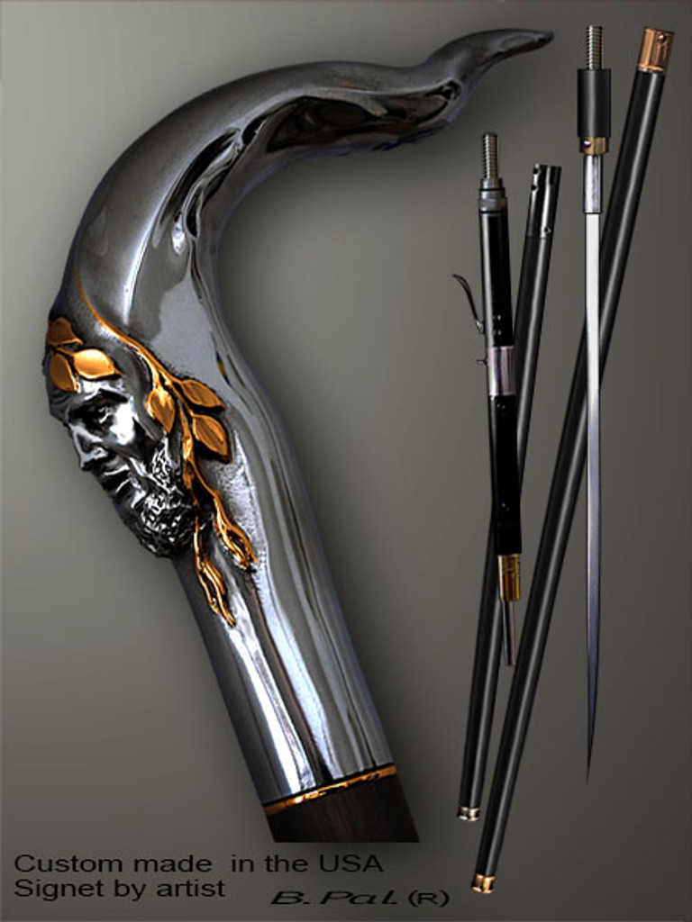 Unique walking cane Pan is created and produced in the USA. Luxury walking sticks handle is cast from sterling silver and mounted on the ebony shaft. Custom version can be finished with 24K Gold trim. Somebody using a walking stick might want not only physical support, but also some level of collectible or self-defense value. That is why a support walking canes can be done as a sword cane or cane gun. In this case high quality knife or air gun shooting mechanism will be built into the shaft as shown on the picture. 