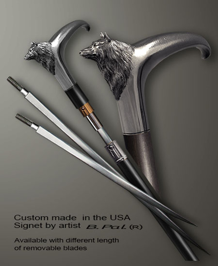 Sterling silver walking stick Wolf in sword cane version. Some regional laws prohibit the use of sword canes. That is why these sword canes are designed with removable blades. This way you can keep it as a sword cane in your collection or use it as a regular support walking cane. The sword cane can be completed with 12” or 16” blade by customer request. 