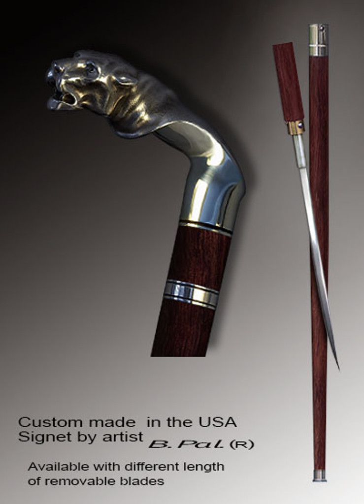 Artistic walking cane Tiger is created and produced in the USA. Handmade walking sticks handle is cast from sterling silver and mounted on the rosewood
shaft. Custom version can be finished with 24K Gold trim and natural gems. Somebody using a walking stick might want not only physical support, but also some level of collectible or self-defense value. That is why a support walking canes can be done as a sword cane. In this case high quality knife will be built into the shaft as shown on the picture. 