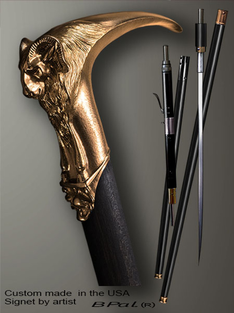 Custom made walking cane Ram is created and produced in the USA. Luxury walking sticks handle is cast from bronze and mounted on the ebony or rosewood shaft. Custom version can be finished with natural gems. Somebody using a walking stick might want not only physical support, but also some level of collectible or self-defense value. That is why a support walking canes can be done as a sword cane or cane gun. In this case high quality knife or air gun shooting mechanism will be built into the shaft as shown on the picture.  