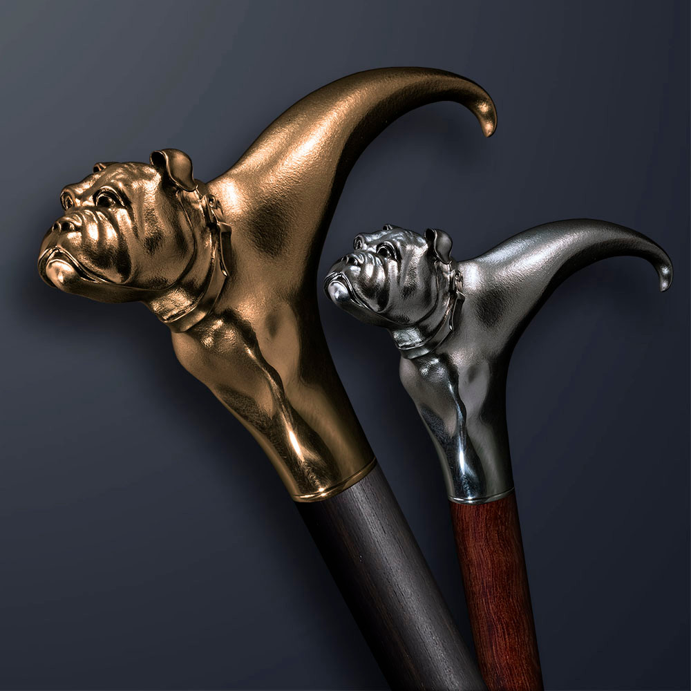 Handmade walking cane Bulldog design is created and produced in the USA. Custom walking canes will be made individually and signed at your request. Functional and decorative walking sticks can be requested as a beautiful anniversary gift. Somebody using a walking canes might want not only physical support, but also some level of decorative and aesthetic value that is why for many centuries walking canes have captured the attention of artists and jewelers. Nevertheless, while considering the aesthetics of the walking cane it is important to remember that the comfort, physical stability and security of the walking sticks should also be given priority.