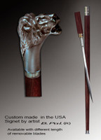 Walking cane Lion head is created and produced in the USA. Luxury walking sticks handle is cast from sterling silver and mounted on the rosewood shaft. Custom version can be finished with natural gems. Somebody using a walking stick might want not only physical support, but also some level of collectible or self-defense value. That is why a support walking canes can be done as a sword cane. In this case high quality knife will be built into the shaft as shown on the picture.