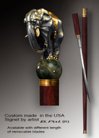 Handmade walking cane Elephant is created and produced in the USA. High end walking sticks handle is cast from sterling silver and mounted on the rosewood shaft. Custom version can be finished with 24K Gold trim and natural gems. Somebody using a walking stick might want not only physical support, but also some level of collectible or self-defense value. That is why a support walking canes can be done as a sword cane. In this case high quality knife will be built into the shaft as shown on the picture. 