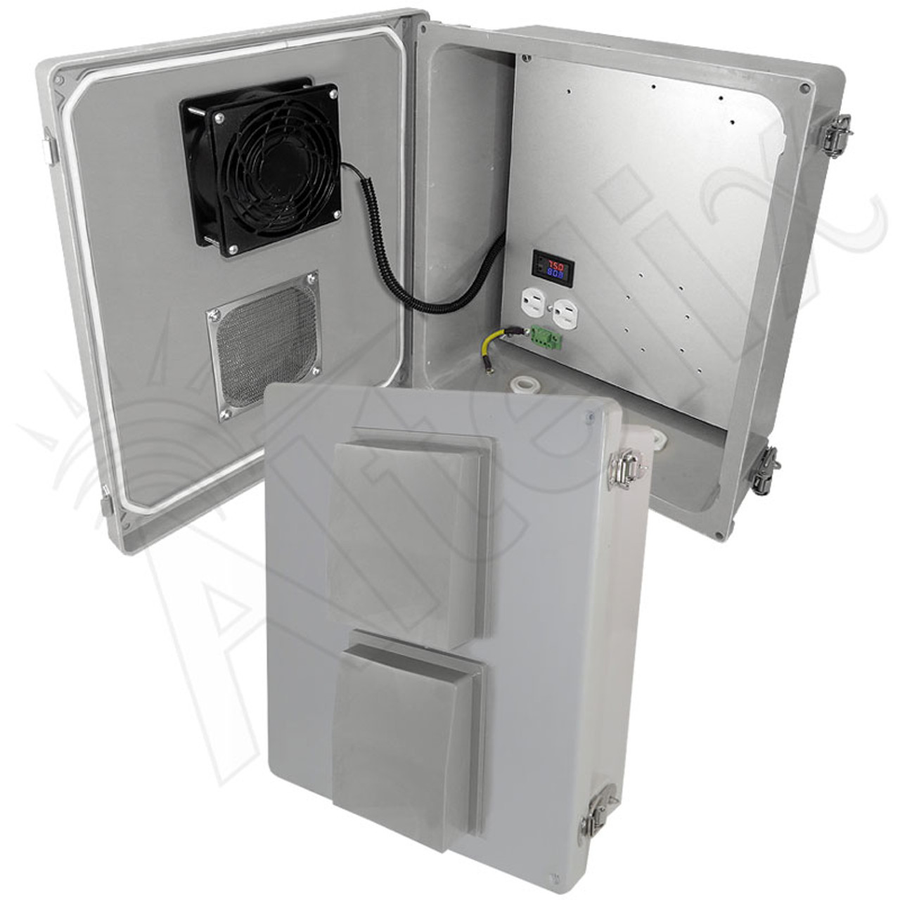 Altelix 14x12x6 Fiberglass Weatherproof Vented NEMA Enclosure with 120 VAC  Outlets and Cooling Fan with Digital Temperature Controller