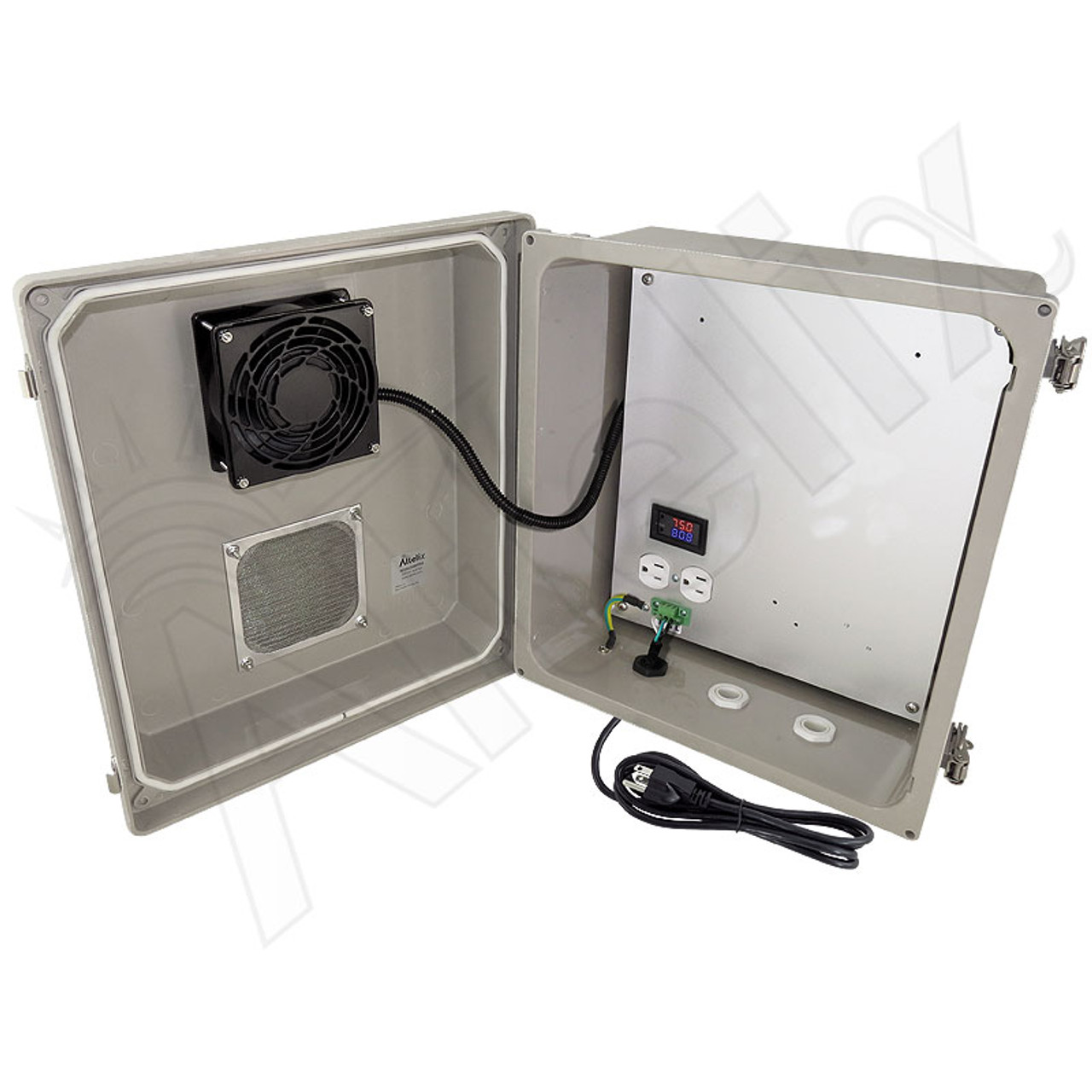 Altelix 14x12x8 Fiberglass Weatherproof Vented NEMA Enclosure with 120 VAC  Outlets, Power Cord & Cooling Fan with Digital Temperature Controller