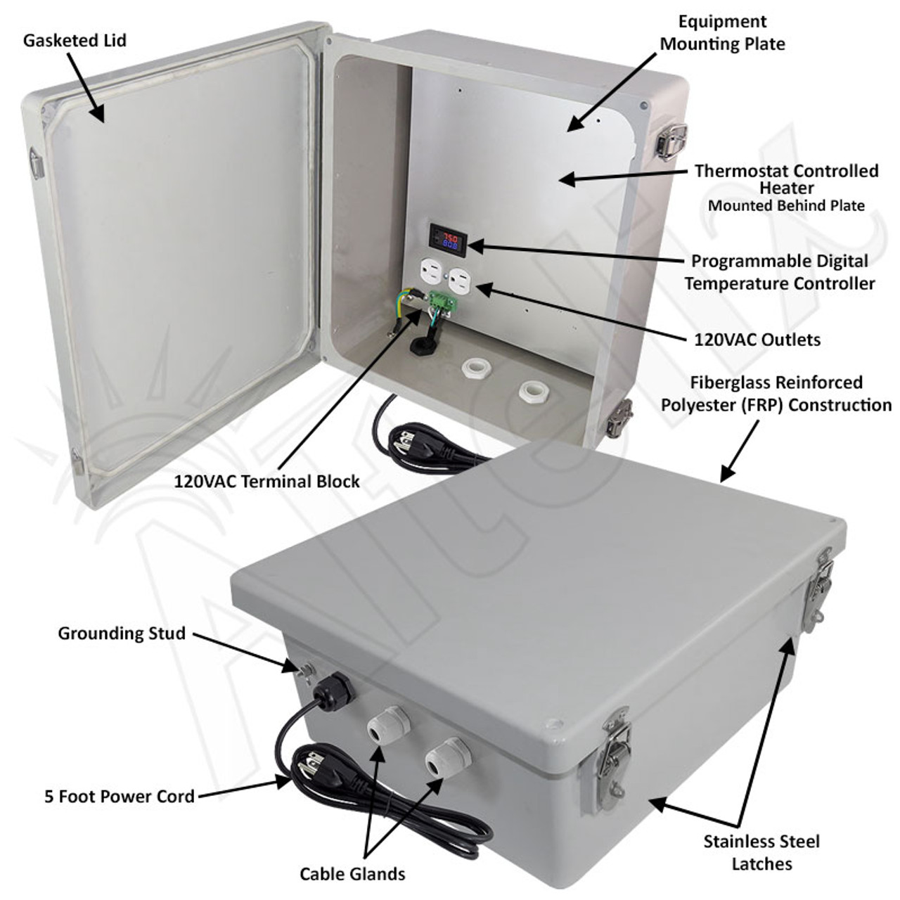 Altelix 14x12x6 Fiberglass Weatherproof Heated NEMA Enclosure with 120 VAC  Outlets, Power Cord & 200W Heater with Digital Temperature Controller