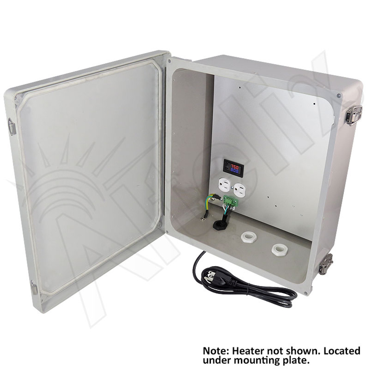 Altelix 14x12x6 Fiberglass Weatherproof Heated NEMA Enclosure with 120 VAC  Outlets, Power Cord & 200W Heater with Digital Temperature Controller