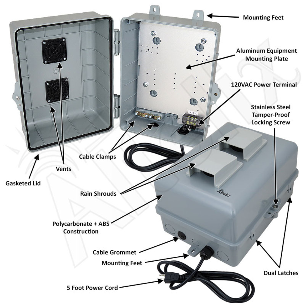 Altelix 12x9x7 PC+ABS Weatherproof Vented Utility Box NEMA Enclosure with  120VAC Power Terminal & Power Cord