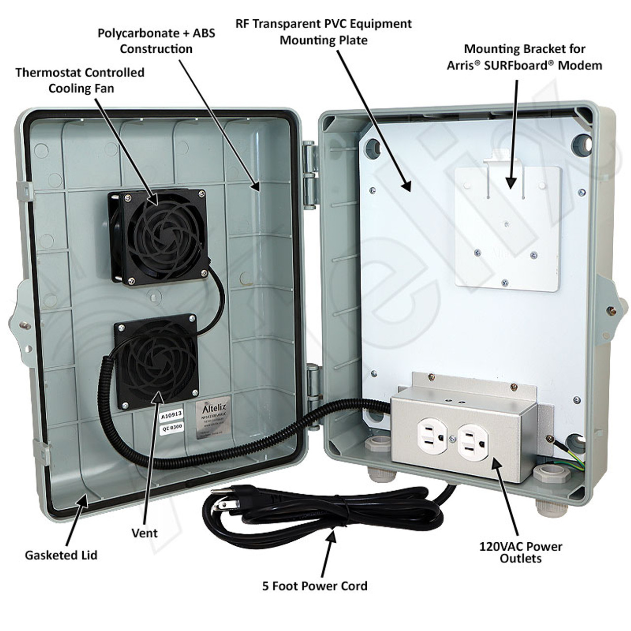 Altelix Weatherproof Vented Enclosure for Arris® SURFboard® SB8200, SB6190  & SBG10 Cable Modems with Cooling Fan, 120VAC Outlets and Power Cord