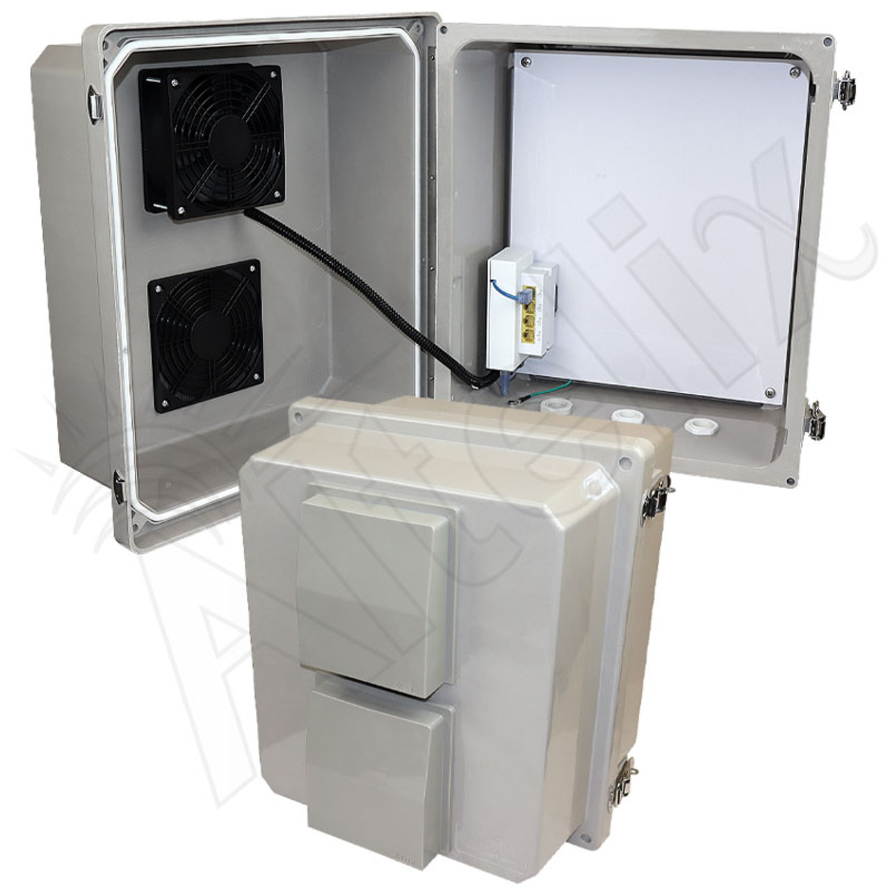 Altelix 14x12x10 PoE Powered Fiberglass Weatherproof Vented NEMA Enclosure  with Cooling Fan & 2-Port PoE Power Splitter