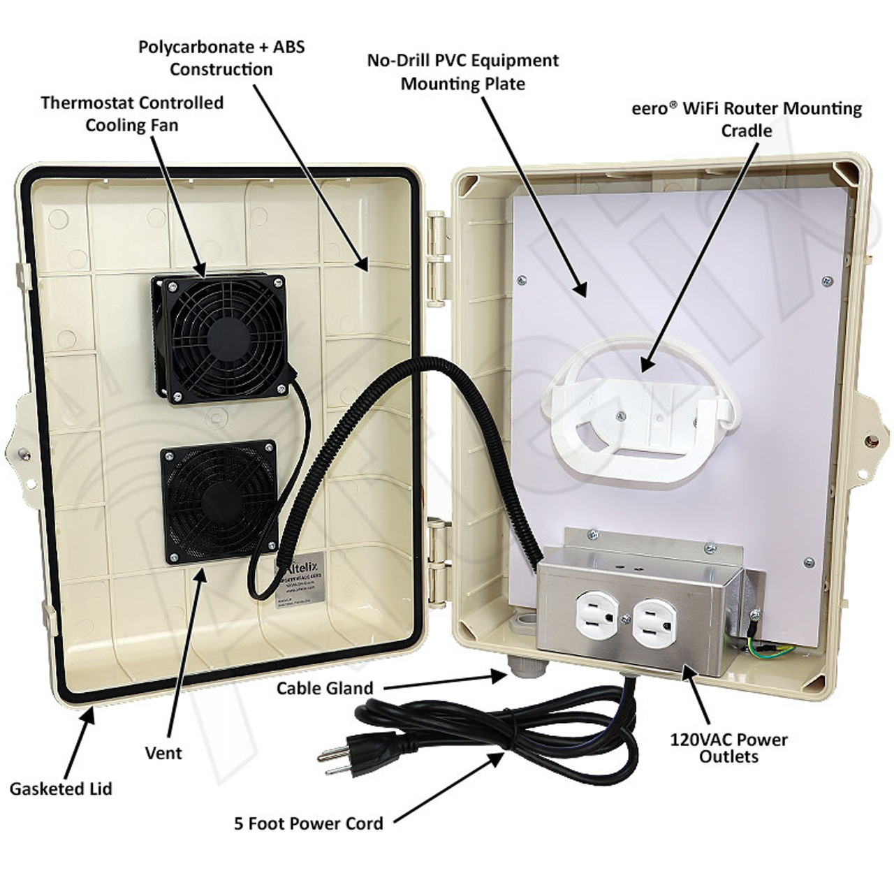 Altelix Weatherproof Vented WiFi Enclosure for Amazon eero® Router with  Cooling Fan, 120VAC Outlet and Power Cord