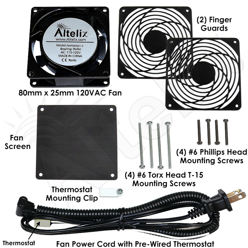 Thermostat Controlled 80x80x25mm Cooling Fan Kit - With 120VAC