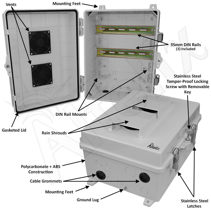 Altelix 14x11x7 Polycarbonate + ABS Vented DIN Rail Enclosure