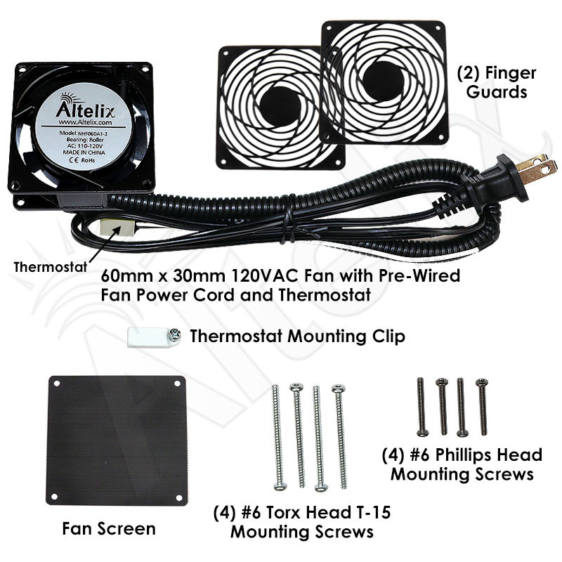 60mm Fan Kit with Thermostat and Power Cord 120VAC - Altelix