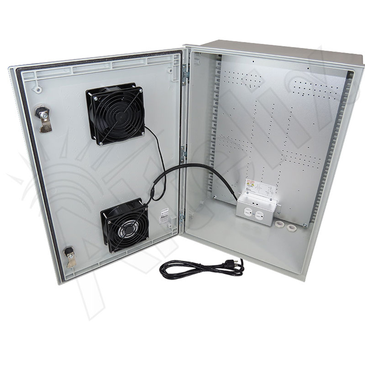Altelix 24x16x9 Vented Fiberglass Weatherproof NEMA Enclosure with 120 VAC  Outlets, Power Cord & Dual 85°F Turn-On Cooling Fans
