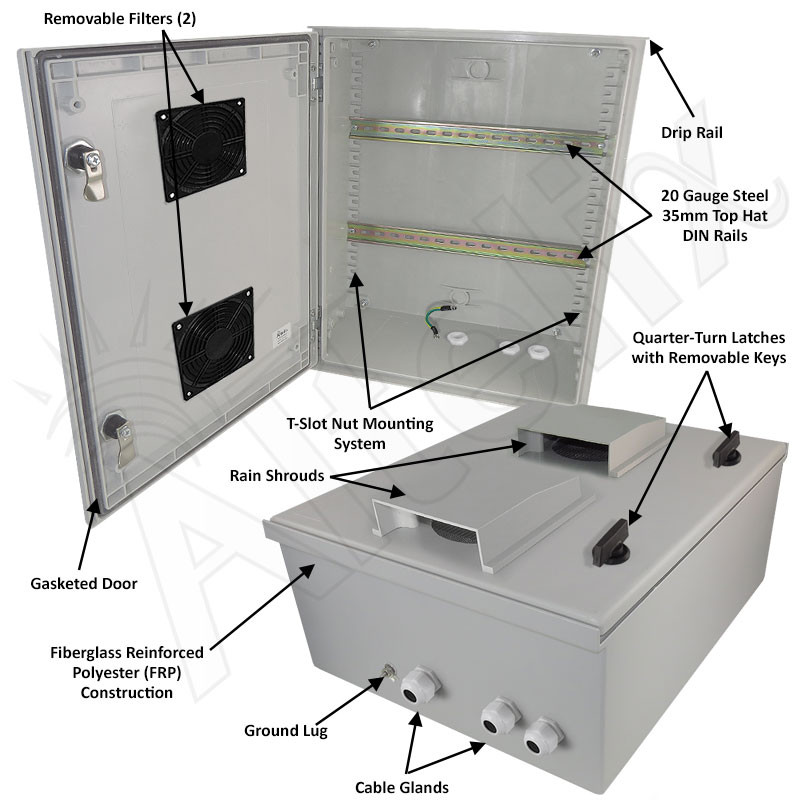 Altelix 20x16x8 Vented Industrial DIN Rail Fiberglass Weatherproof