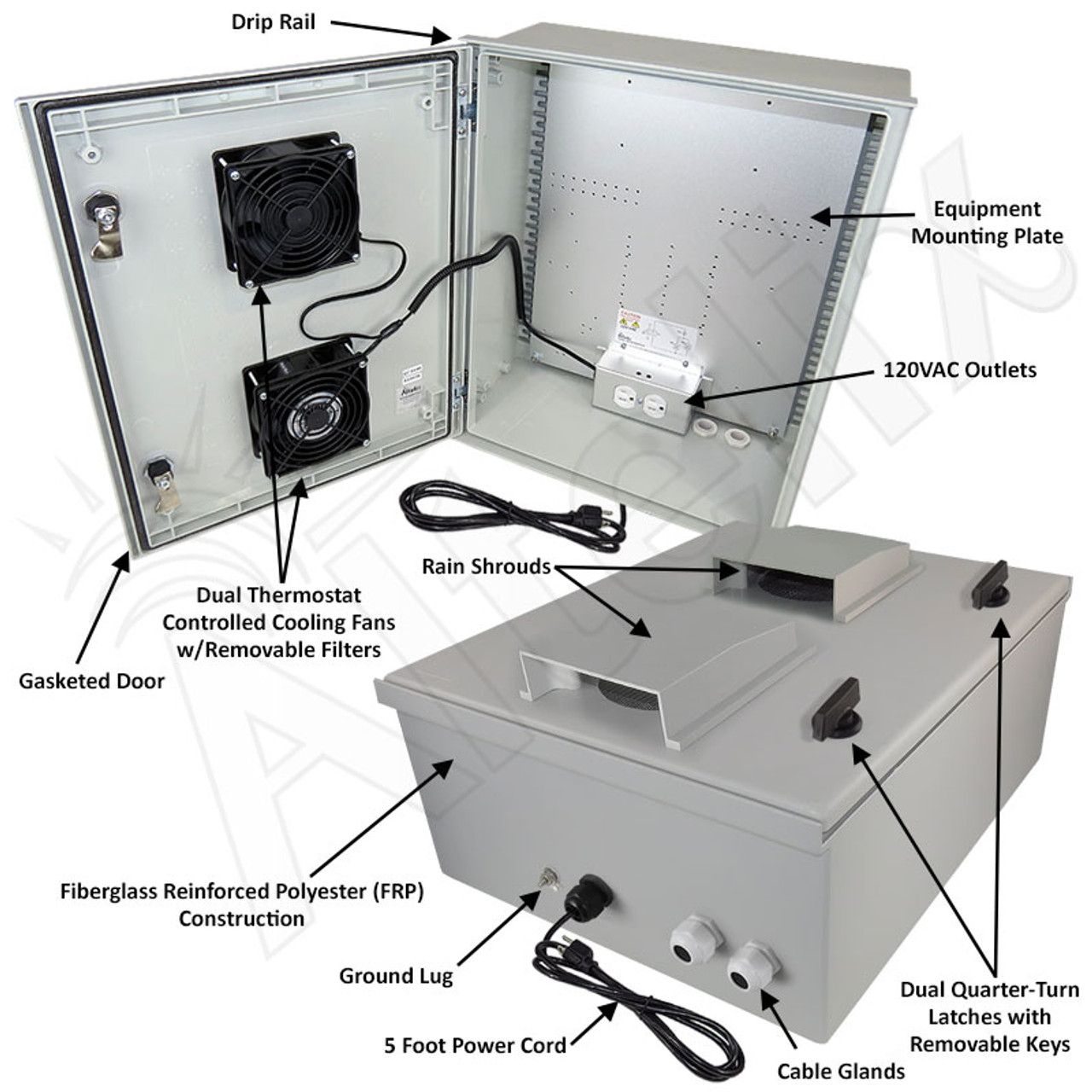 Altelix 20x16x8 Vented Fiberglass Weatherproof NEMA Enclosure with Dual  Cooling Fans and 120 VAC Outlets & Power Cord