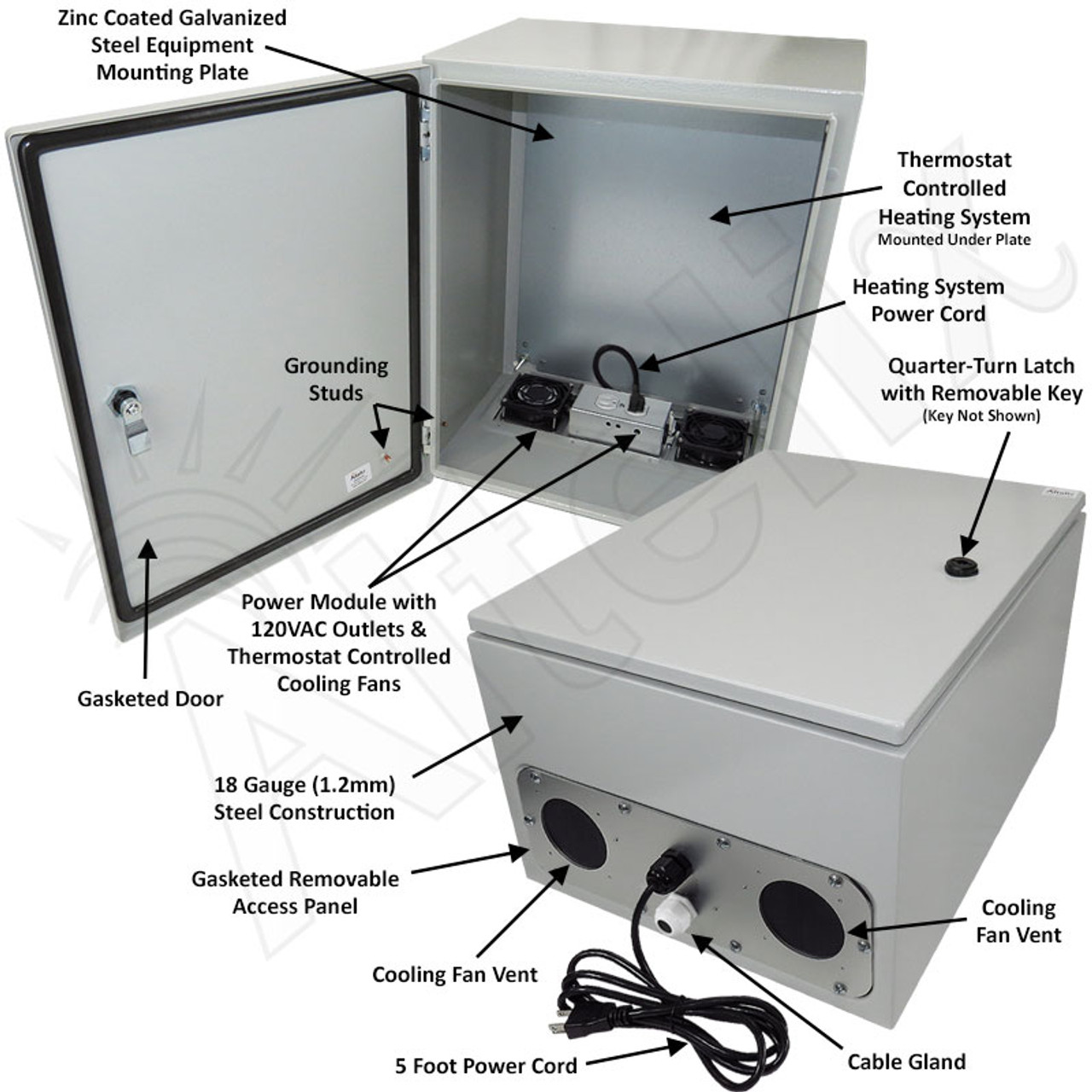 Altelix 20x16x12 Steel Heated Weatherproof NEMA Enclosure with Dual Cooling  Fans, 200W Heater, 120 VAC Outlets and Power Cord